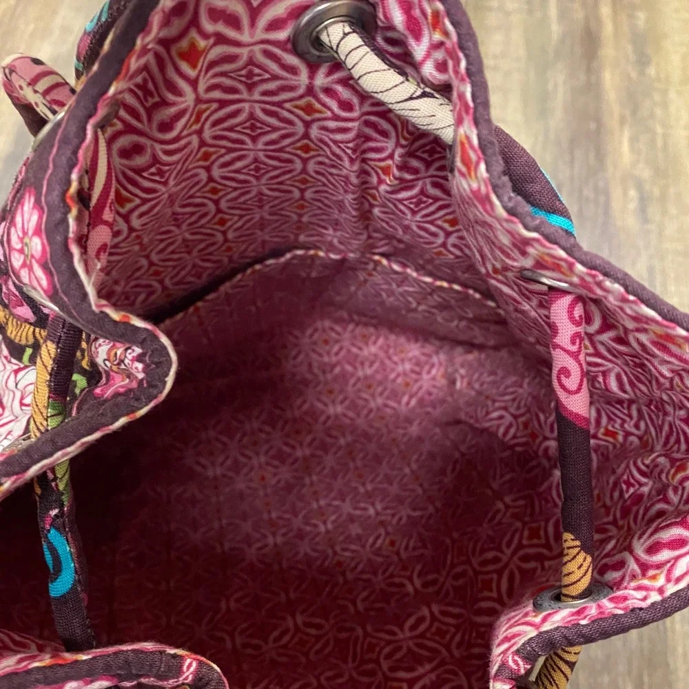 Vera Bradley Quilted Floral Pink/Brown Drawstring Backpack Bag Travel Pouch Sack